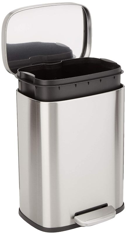 Photo 1 of Amazon Basics Smudge Resistant Small Rectangular Trash Can With Soft-Close Foot Pedal, for Bathroom/ Living room, Brushed Stainless Steel,12 Liter/3.1 Gal, Satin Nickel Finish,11.3"L x 9.9"W x 15.1"H