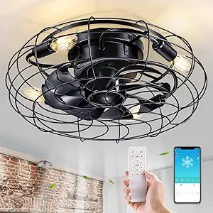 Photo 1 of 18'' Small Caged Flush Mount Ceiling Fans with Lights and Remote, Black Low Profile Rustic Farmhouse Modern Lighting & Ceiling Fan, Bladeless 6 Speed Timing for Bedroom Kitchen Dining Room