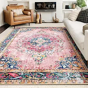 Photo 1 of 8x10 Area Rugs for Living Room Pink Boho Rug Vintage Rug Non-Slip Washable Low Pile Foldable Large Rug for Bedroom Dining Room Indoor Floor Carpet