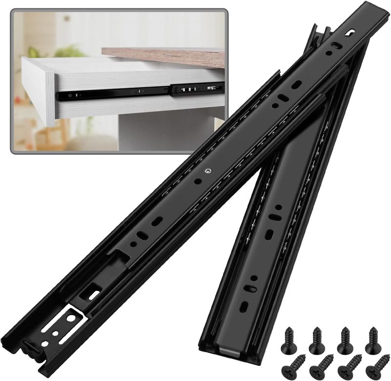 Photo 1 of 1 Pair Full Extension Ball Bearing Drawer Slides 8 10 12 14 16 18 20 22 24 Inch 100 LB Load Capacity Side Mount File Cabinet Rails Dresser Metal Runner Trash Can Kitchen Slider Glide Black
