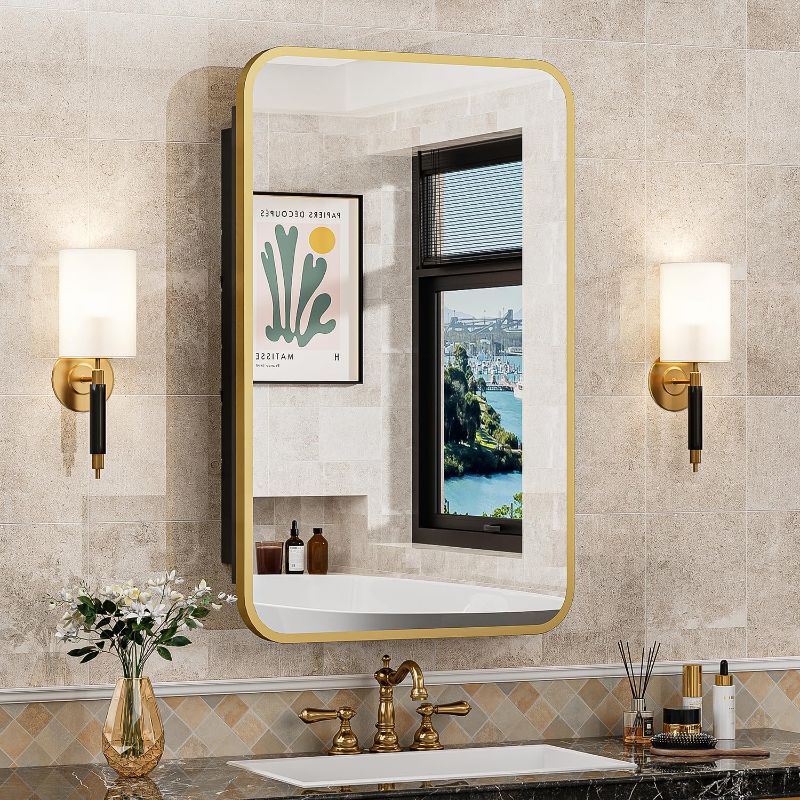 Photo 1 of 16x24 Inch Mirror Medicine Cabinet for Bathroom Gold Metal Frame Bathroom Medicine Cabinet with Mirror Recessed or Wall Mounted
