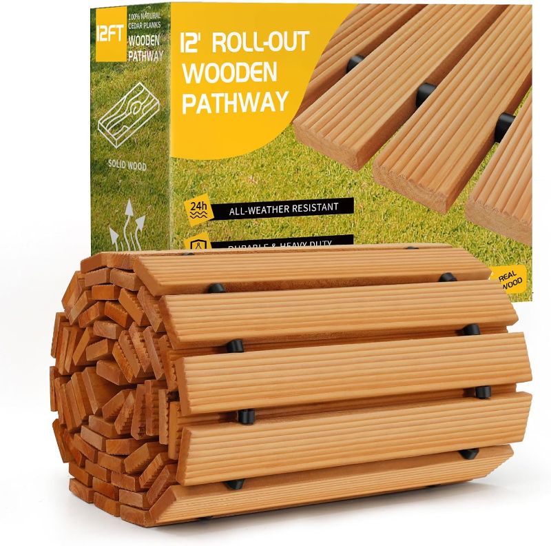 Photo 1 of 12FT Wooden Garden Pathway?Roll Out Wooden Pathway Weather-Resistant Walkway for Outdoor Patios 17" W Roll Out Hardwood Walkway with Non-Slip Surface Wedding Party Pathways (Straight)
