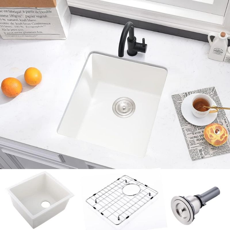 Photo 1 of 15 Inch Bar Sink Undermount Kitchen Sink - VASOYO 15x17 Inch Bar Sink Wet Bar Prep Sink White Undermount Quartz Kitchen Sink Dual Mount Single Bowl Small Rv Kitchen Sink with Bottom Grid & Drain
