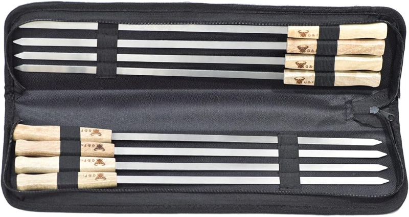 Photo 1 of  17-Inch Long, Large Stainless Steel Brazilian-style BBQ Skewers with hardwood Handle, Kebab Kabob Skewers, 3/8 Inch Wide Blade, Set of 8 Skewer with heavy-duty Travel Bag
