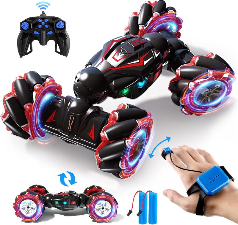 Photo 1 of 1:12 Red RC Stunt Car, 2.4GHz 4WD Remote Control Gesture Sensor Toy Cars, Double Sided Rotating Off Road Vehicle 360° Flips with Lights Music, Toy Cars for Boys & Girls Birthday
