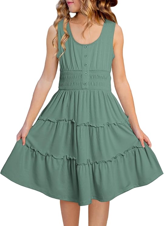 Photo 1 of blibean Tween Girls 2024 Dress Sleeveless Tiered Simple Sundress Size 6-15 Years 10-11 Years A GREEN