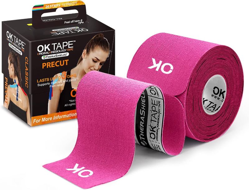 Photo 1 of OK TAPE Kinesiology Tape 10 inches Precut, 20 Strips, Cotton Elastic Athletic Tape Latex Free, 2inch x 16ft, PINK