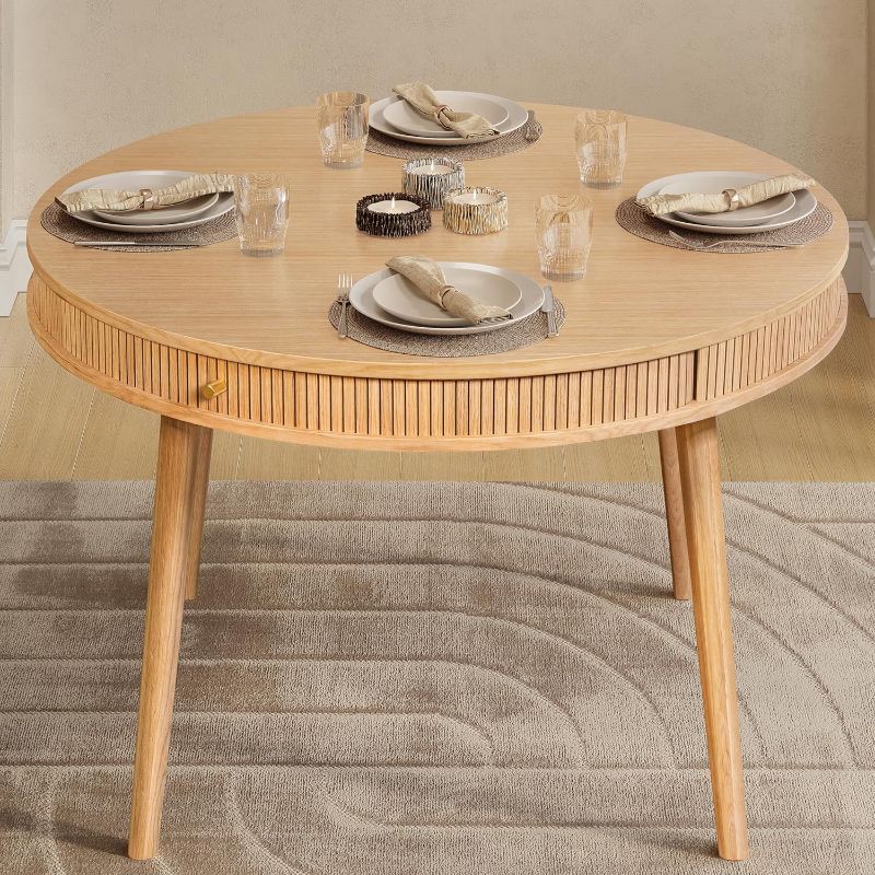 Photo 1 of 47'' Round Dining Table for 4 People - Pre assembled Round Kitchen Table with 2 Hidden Storages. Modern Dining Table, Round Wood Dining Table, Circle Dining Table, Modern Round Table (Oak
