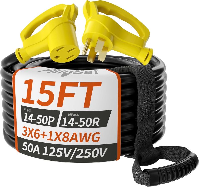 Photo 1 of 15 FT 50 Amp RV/EV Extension Cord Outdoor with Grip Handle, 4 Prong Flexible Heavy Duty 6/3+8/1 Gauge STW RV Power Cord Waterproof, NEMA 14-50P to 14-50R, Black-Yellow, ETL Listed
