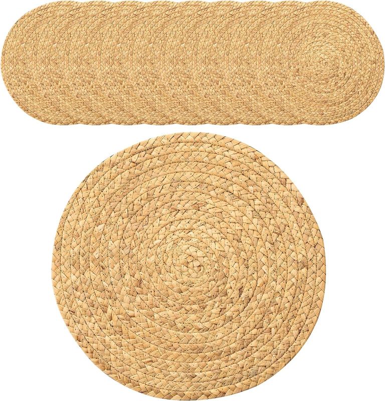 Photo 1 of 14'' Round Woven Placemats Set of 10 - Natural Extra Wide Placemats Braided Heat Resistant Placemats Farmhouse Boho Fringe Place Mats Wipeable Circle Wicker Placemats
10 PACK 