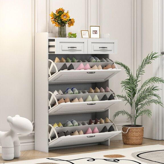 Photo 1 of 1250 White color shoe cabinet with 3 doors 2 drawers,PVC door with shape,large space for storage W1320P144291
OPEN BOX 