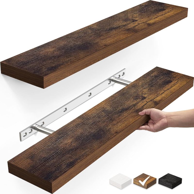 Photo 1 of BAYKA Floating Shelves, Wall Mounted Rustic Wood Shelves for Bathroom, Bedroom, Living Room, Kitchen, Office, 22.5" Hanging Shelf for Books/Storage/Decor with 22lbs Capacity (Rustic Brown,Set of 2)
