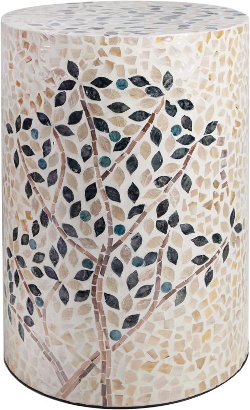 Photo 1 of Mother of Pearl Inlaid Cylinder Drum End Table Nacre Capiz Shell Side Table Stool Drum Accent Table Coffee Bedside Side Table Round Nightstand and Vanity Stool (Olive Tree)
