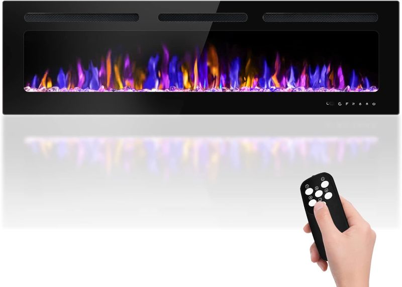Photo 1 of 60" Electric Fireplace Wall Mounted and Recessed with Remote Control, 750/1500W Ultra-Thin Wall Fireplace Heater W/Timer Adjustable Flame Color and Brightness, Log Set & Crystal Options
