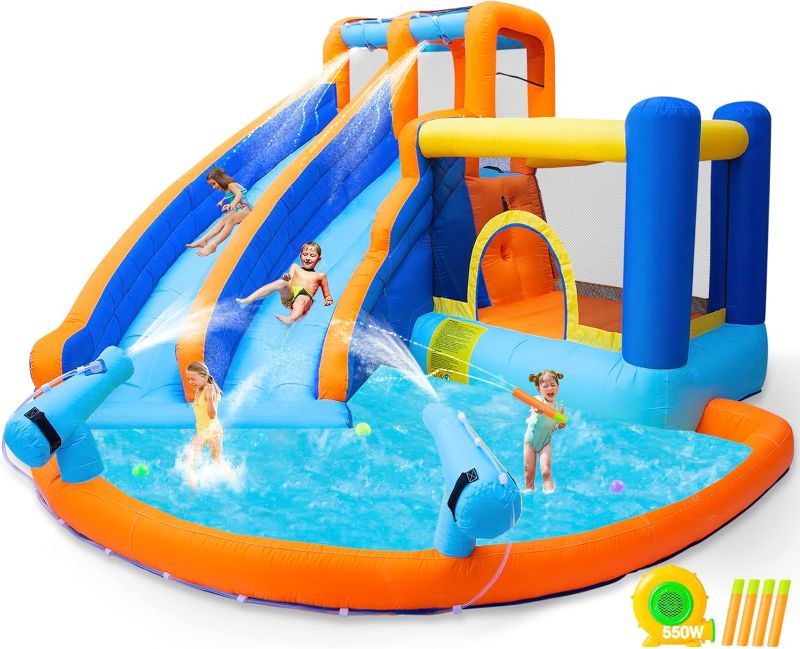 Photo 1 of JOYLDIAS Inflatable Water Slide Bounce House,Giant Water Park, Double Slide Bouncer Castle w/Splash Pool, Jump Area, Climbing Wall, 550W Air Blower for Kids Backyard Indoor Outdoor Use,Free Water Gun
