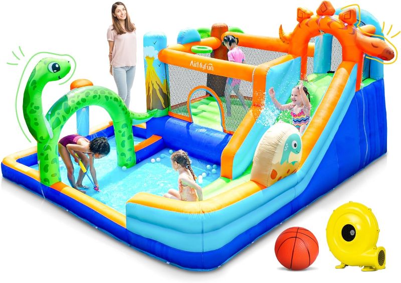 Photo 1 of Dinosaur inflatable Water Slide Bounce House for Big Kids 8-12, Water Bounce House for Kids Backyard with Blower | Boxing Ring, Rock Climbing Wall, Spacious Splash Zone - includes Repair kit
