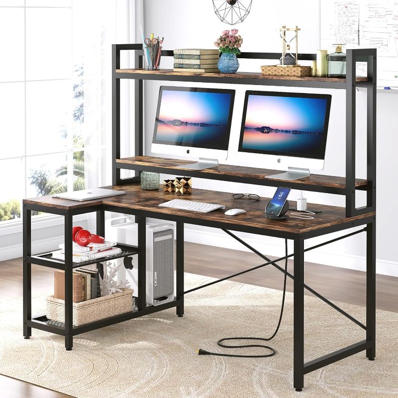 Photo 1 of TIYASE Computer Desk with Hutch and Storage Shelves, 51 inch L-Shaped Corner Desk with Power Outlet & Monitor Stand, Large Home Office Study Writing Table with USB Port & Tower Shelf, Rustic Brown
