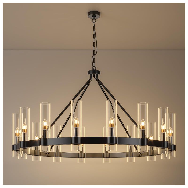 Photo 1 of 48 Inch Black Wagon Wheel Chandelier with Glass Shade, 16 Lights, Modern Farmhouse Style, Ideal for Dining Room, Kitchen, Entryways