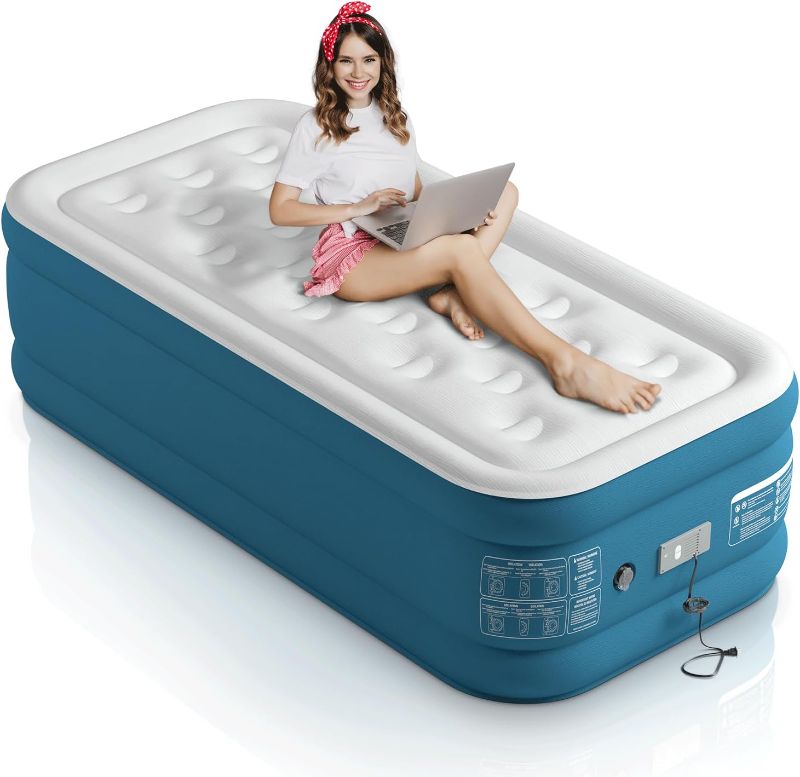 Photo 1 of Twin Air Mattress18 Inch Deluxe Inflatable Mattress Built-in High-end Inflatable Pump Push Button Start1-3Minutes Fast Inflate/Deflate/Full Air Auto Stop/Missing Air Auto Replenish White & Blue
