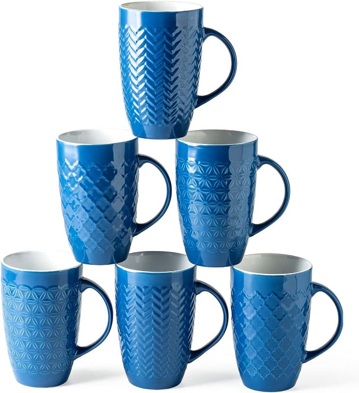 Photo 1 of AmorArc Extra Large Coffee Mugs Set of 6, 22oz Ceramic Tall Coffee Mugs Set with Textured Geometric Patterns for Latte/Tea/Beer/Hot Cocoa, Dishwasher & Microwave Safe, Blue
