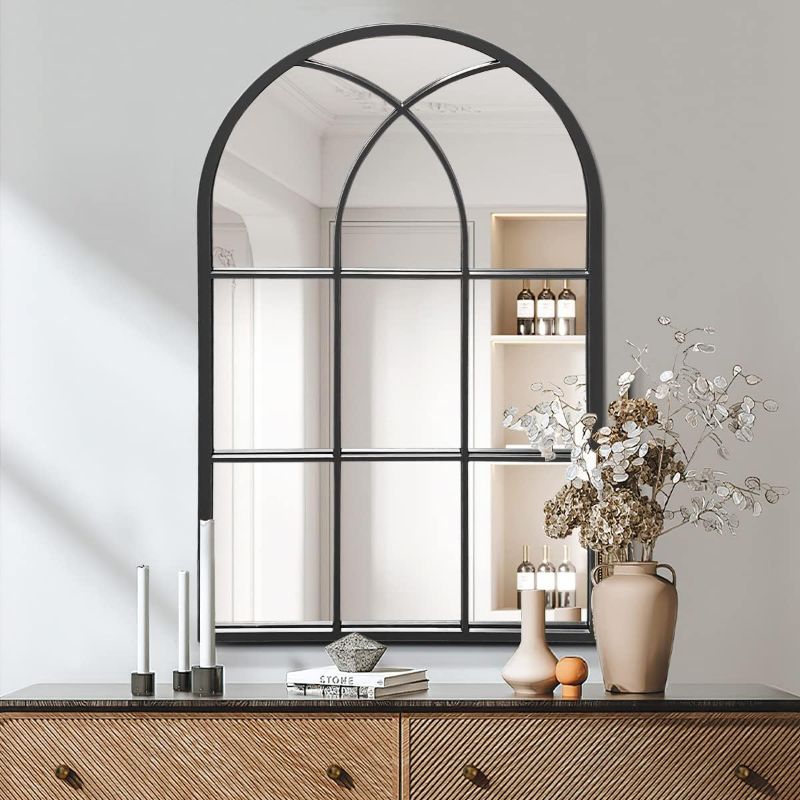 Photo 1 of Arched Wall Mounted Mirror, Black Wall Mirror, Arched-Top Bathroom Mirror, Farmhouse Mirror, Windowpane Metal Frame Mirror, Long Hanging Mirror for Living Room or Bedroom (30"x20")
