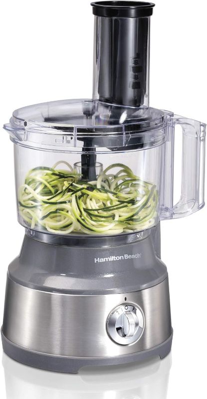 Photo 1 of Hamilton Beach Food Processor & Vegetable Chopper for Slicing, Shredding, Mincing, and Puree, 10 Cups + Veggie Spiralizer makes Zoodles and Ribbons, Grey and Stainless Steel (70735)
