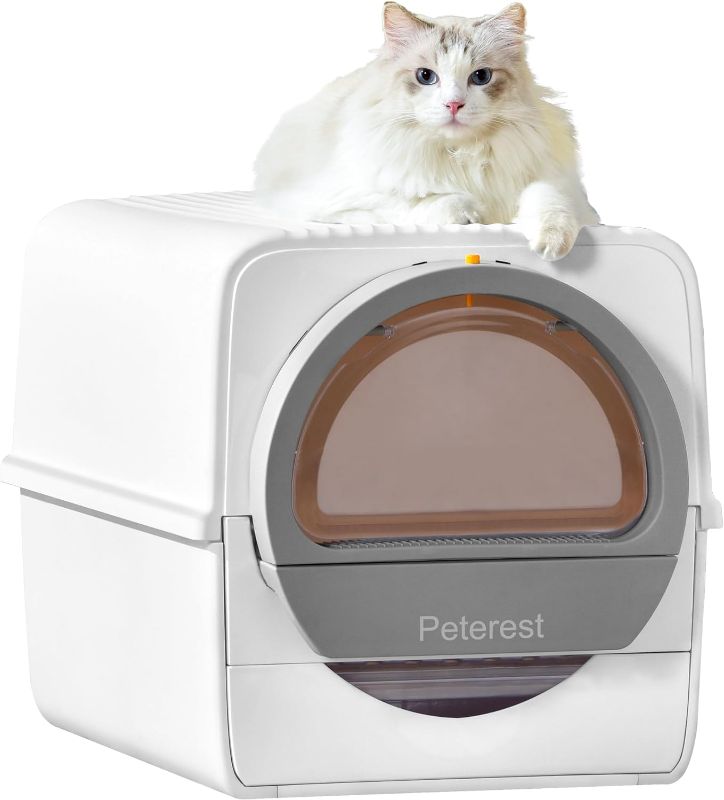 Photo 1 of Large Self Cleaning Cat Litter Box for Multiple Cats, Semi Auto Kitty Litter Box with Lid, No Smell Pull and Scoop Litter Box Self Cleaning, White & Grey Covered Litter Box for Big Cat

