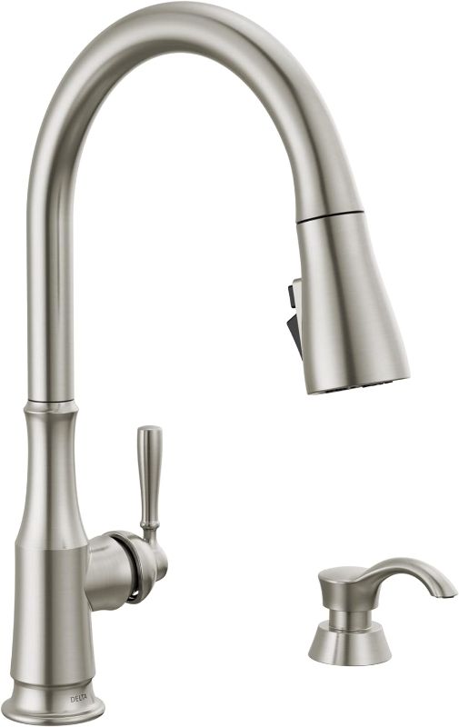 Photo 1 of Delta Faucet Capertee Brushed Nickel Kitchen Faucet with Soap Dispenser, Kitchen Faucets with Pull Down Sprayer, Kitchen Sink Faucet with Magnetic Docking Spray Head, Spotshield 19877Z-SPSD-DST
