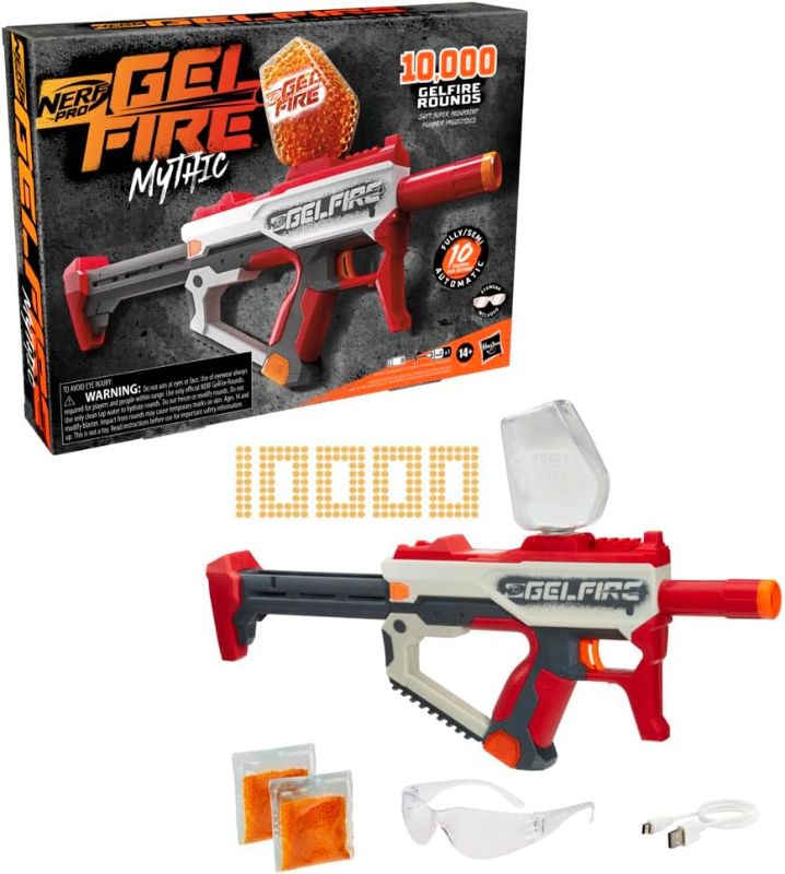 Photo 1 of Nerf Pro Gelfire Mythic Full Auto Blaster & 10,000 Gelfire Rounds, 800 Round Hopper, Rechargeable Battery, Eyewear, Ages 14 & Up
