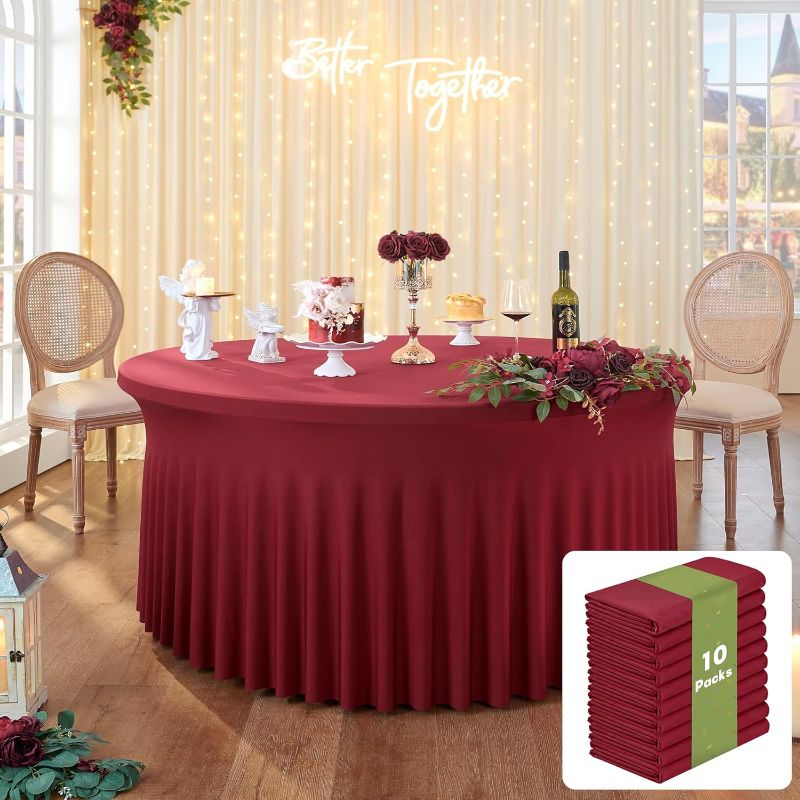 Photo 1 of 10 Pack Spandex Burgundy Round Tablecloths for 72in Table, Stretchy 132inch Fitted 6FT Round Table Cloths, Wrinkle Free Table Cover with Skirt for Wedding Birthday Party Bridal Shower Banquet
