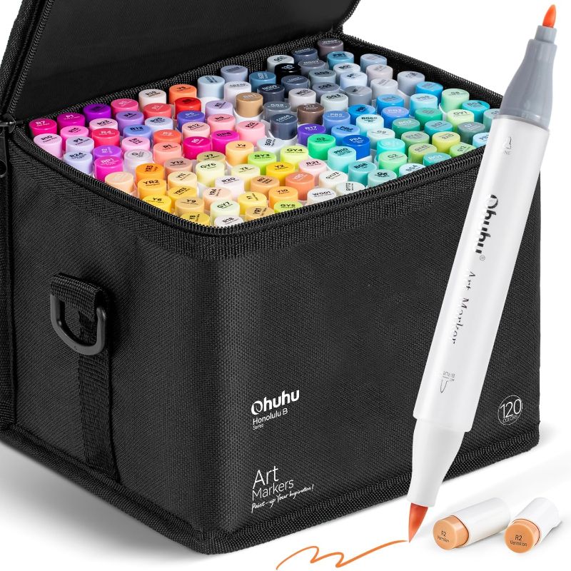 Photo 1 of Ohuhu Alcohol Markers Brush Tip -Double Tipped Art Marker Set for Artist Adults Coloring Illustration -120 Colors -Brush &Fine