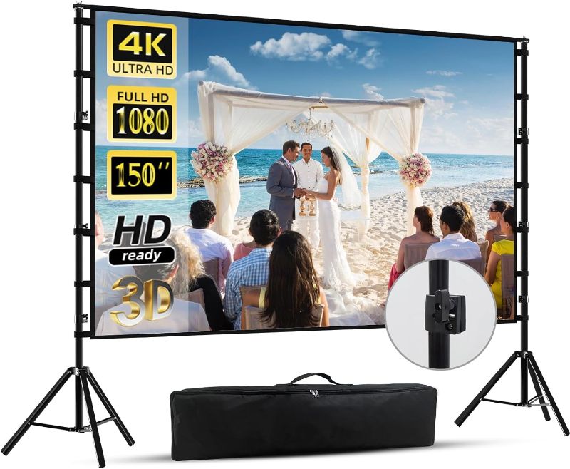 Photo 1 of 150 inch Projector Screen With Stand,HUANYINGBJB Outside Projection Screen, Portable 16:9 4K HD Rear Front Movie Screen with Carry Bag for Theater Backyard Movie night,Cinema School, Churches, Parties
