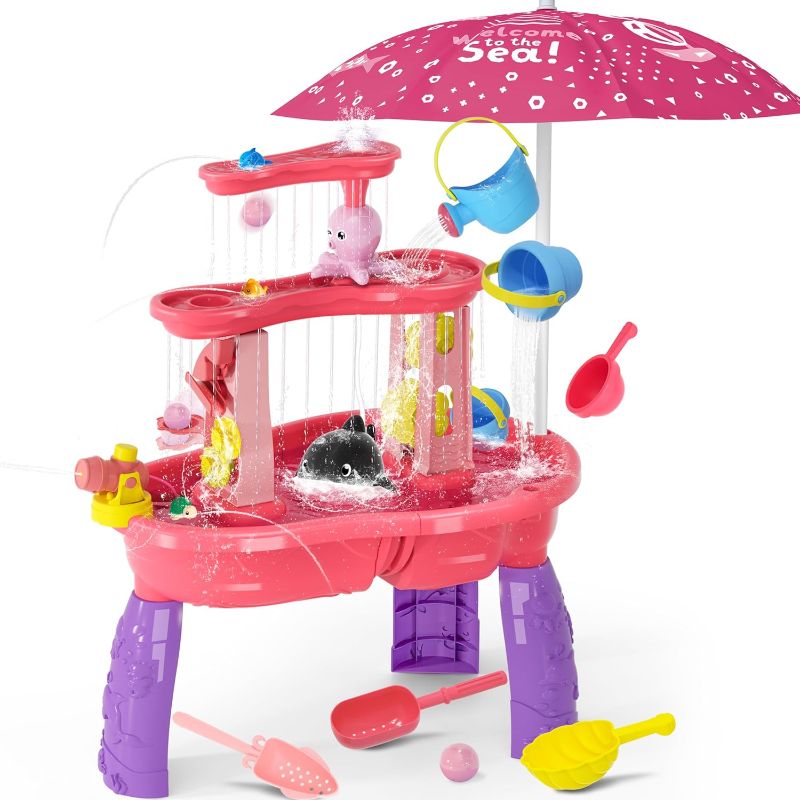 Photo 1 of ?2024 Newest?Auto Water-Absorbing Water Table for Toddlers 1-3, 3-Tier Kids Water Table with Umbrella Splash Pond, Outdoor Toys Sand and Water Table for Age 1-2 3-5, 20PCS Water Toy Accessories (Pink)
