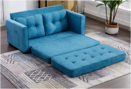 Photo 2 of 59.4 in. Blue Chenille 2-Seater Loveseat Sofa with Pull-Out Bed and Side Pockets
