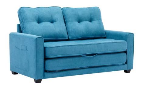 Photo 1 of 59.4 in. Blue Chenille 2-Seater Loveseat Sofa with Pull-Out Bed and Side Pockets
