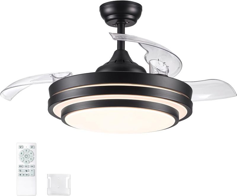 Photo 1 of 42 Inch Retractable Ceiling Fan with Lights Remote Control, Quiet Dimmable Black Modern Fandelier Ceiling Fan for Bedroom Living Room, 3 CCT 6 Speed Reversible
