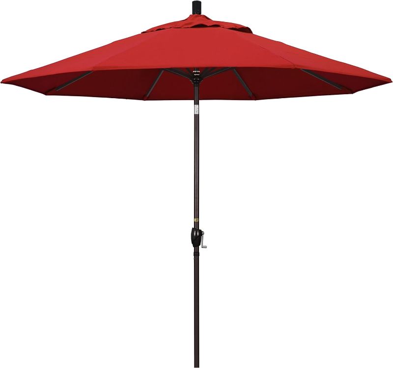 Photo 1 of California Umbrella GSPT908117-5403 9' Round Aluminum Market, Crank Lift, Push Button Tilt, Bronze Pole, Sunbrella Jockey Red Patio Umbrella, 9-Feet
