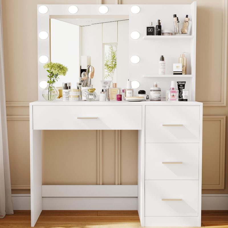 Photo 1 of akeup Vanity Table with Lighted Mirror, Makeup Vanity Desk with Storage Shelf and 4 Drawers, Bedroom Dressing Table