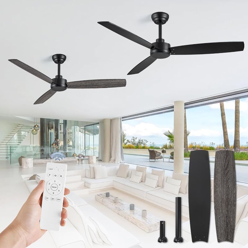 Photo 1 of 2 Pack 52 Inch Outdoor Ceiling Fans with Remote, Black Ceiling Fan No light with Quiet Reversible DC Motor, 6 Speeds, 3 Blade Modern Ceiling Fans for Patio Living Room Bedroom Indoor
