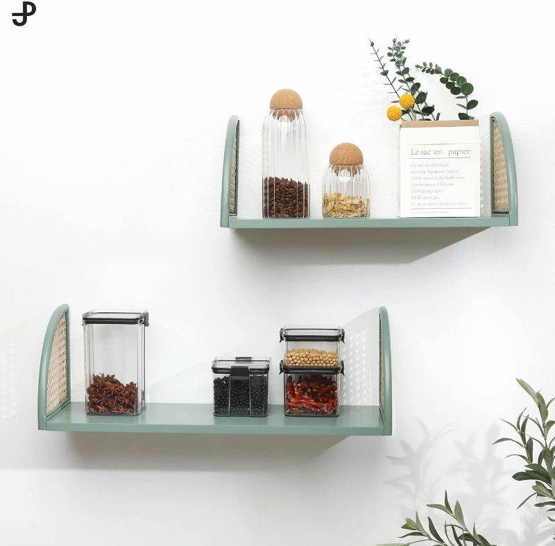 Photo 1 of [PJ Collection] Decorative Wooden Wall Shelf with Rattan, Set of 2, Floating Shelves, Wall Mount, Wall Shelf, Rustic Wood Wall Storage Shelves, Sturdy Floating Shelves (Green
