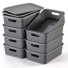 Photo 1 of [ 8 Pack ] Plastic Storage Baskets With Lids, Small Pantry Organization, Stackable Storage Bins, Household Organizers for Cabinets, Countertop, Drawers, Under Sink or On Shelves,Gray
