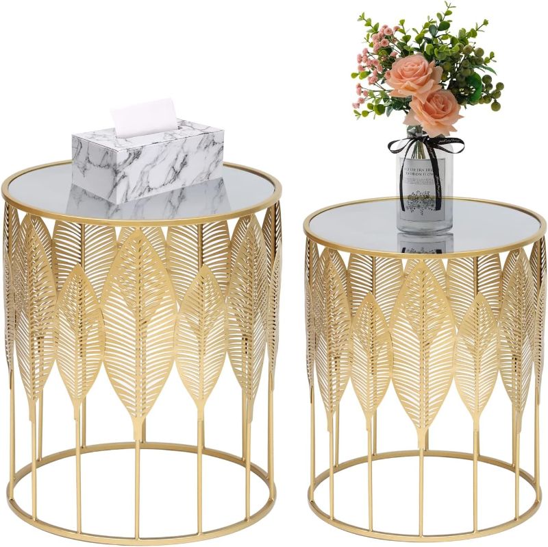 Photo 1 of Adeco Set of 2 Side, Decorative Round Metal Accent End Nightstands, Coffee Plant Stand for Living Room Bedroom Nesting Tables, Gold Leaf
