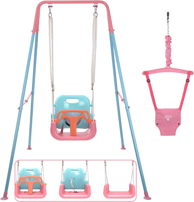 Photo 1 of 2 in 1 Toddler Swing ? Jumper, Swing Set for Indoor/Outdoor, Baby Jumpers and Bouncers, Easy to Assemble & Store, Suitable for Aged 6 Months to 10 Years Old (Pink)
