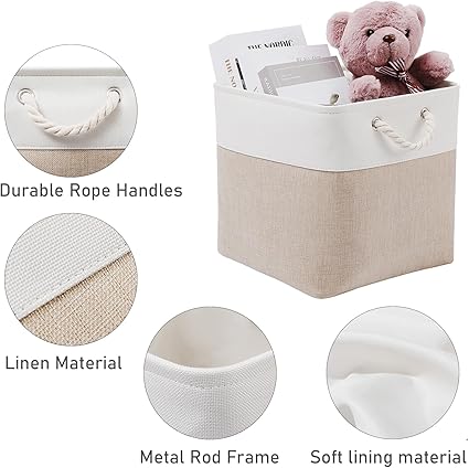 Photo 1 of  Cube Storage Bins, 4 Pack Large Collapsible Fabric Storage Bin with Ropes, Foldable Storage Cubes for Home, Office,Closet, Clothes, Toys Organizer (White & Beige)