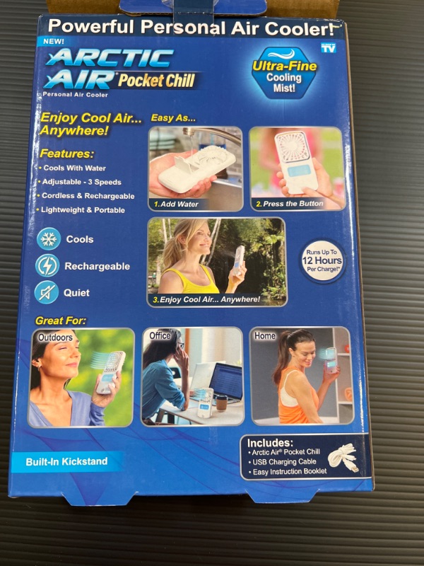 Photo 2 of Arctic Air Portable Fan, Pocket Chill Handheld Mini Fan, Rechargeable Personal Air Cooler with Hydro-Chill Technology, 3 Speeds & Built-in-Kickstand, Cordless for Travel, Indoor or Outdoor Use