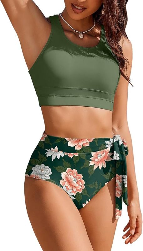 Photo 1 of AI'MAGE Women's Tummy Control High Waisted Bikini Set 2 Piece Side Knot Swimsuit Scoop Neck Bathing Suits    MED 