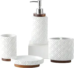 Photo 1 of Bathroom Accessories Set 4 Pcs Toothbrush Holder Soap Dispenser Ceramic and Wood Bathroom Decor Set Contain Toothbrush Cup Soap Dish Tumbler White