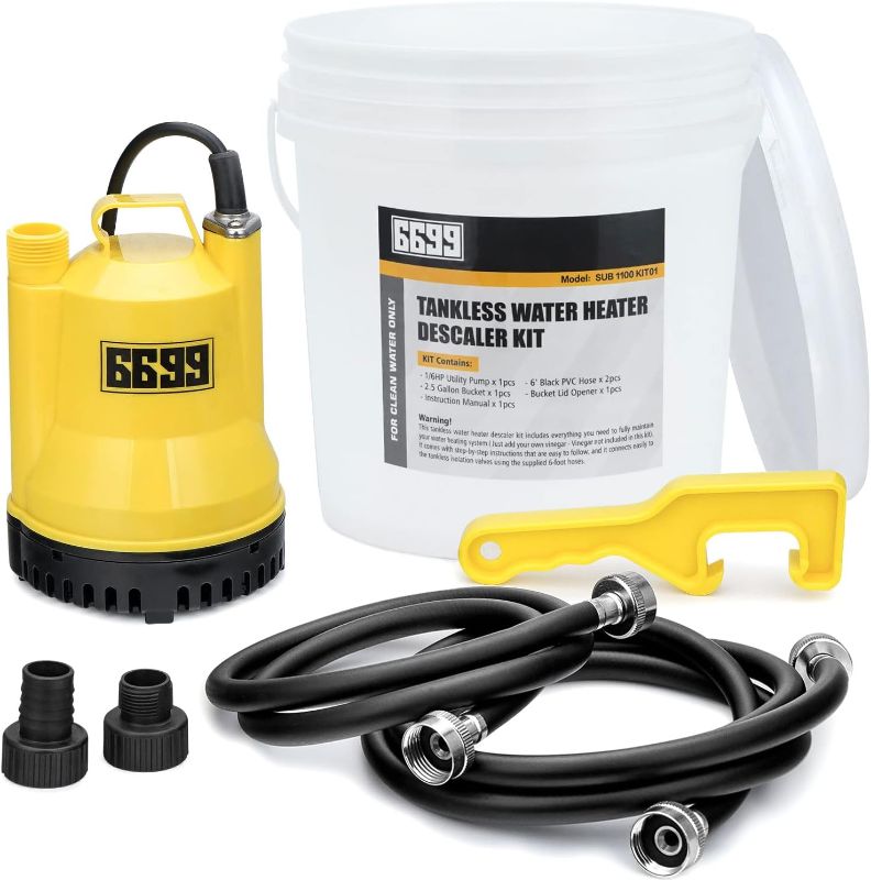 Photo 1 of 6699 Tankless Water Heater Descaling Flush Kit Includes Submersible Utility Pump with Adapters 3 Gallons Pail with Bucket Lid Opener and Two 3/4" GHT X 6FT PVC Black Hoses Easy Installation to Clean
