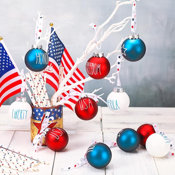 Photo 1 of 12 Pcs Patriotic Ball Ornaments 4th of July Decorations for Tree Plastic Independence Day Ball Decorations Red Blue White Ornaments Holiday Memorial Day Decor for Home Decor (Star Style)