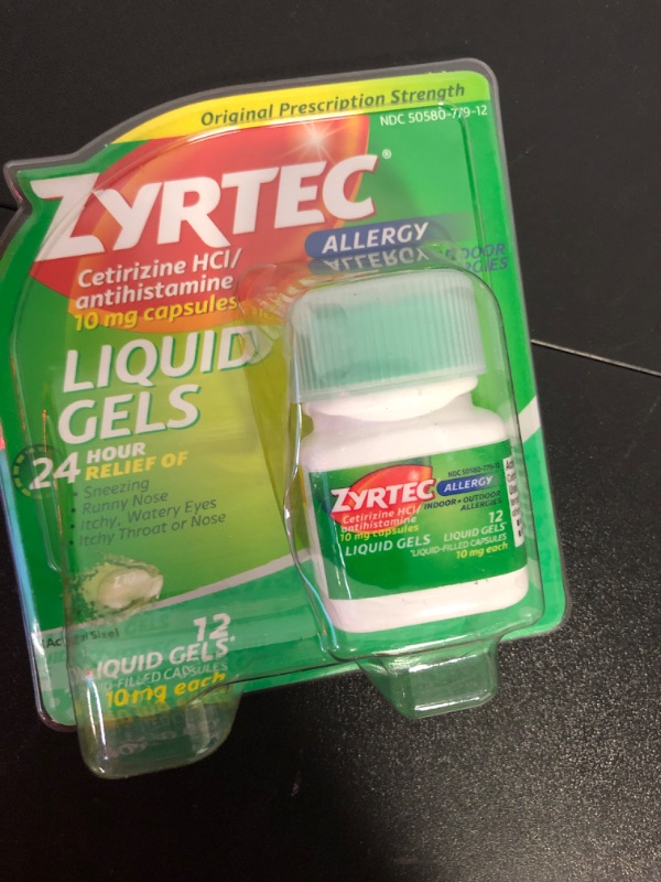 Photo 2 of   EXP DATE 09/2024----Zyrtec 24 HR Allergy Relief Liquid Gel Capsules, Cetirizine HCl Antihistamine, 12 ct 12 Count (Pack of 1)